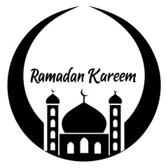Black colour Ramadan Kareem with crescent and mosque silhouette vector illustration, solid white background (1).eps