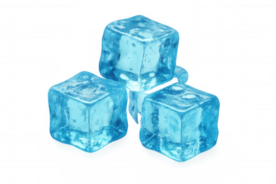 Ice cubes stack, clear blue frozen water for cold drinks, chilling beverages, cool refreshment, transparent background