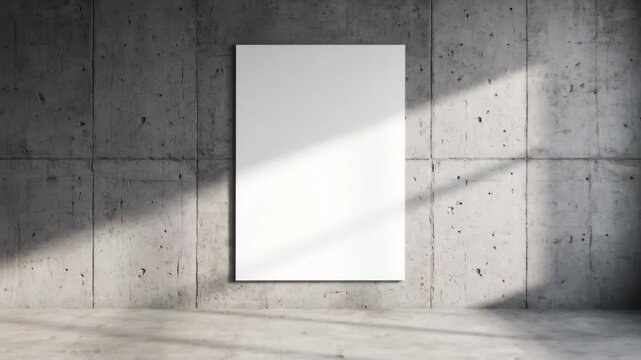 Blank Poster on Concrete Wall in Empty Room - A blank white poster hangs centered on a rough concrete wall within an empty room.