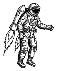 Obraz premium Astronaut in Spacesuit with Rocket Jetpack Flying Black and White Outline Line Art Drawing Illustration