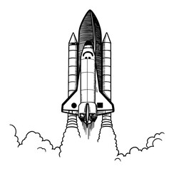 Obraz premium Detailed Space Shuttle Rocket Launch with Smoke Exhaust in Retro Black and White Outline Line Art Drawing