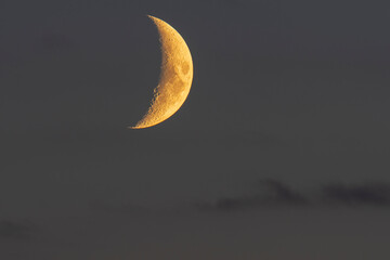 Close-up view of a crescent moon in the night sky. Detailed surface texture with craters illuminated by sunlight, symbolizing astronomy, space, mystery and natural beauty of the universe.
