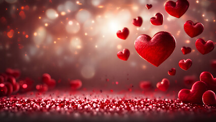 Obraz premium Romantic red hearts floating in bokeh lights for valentines day