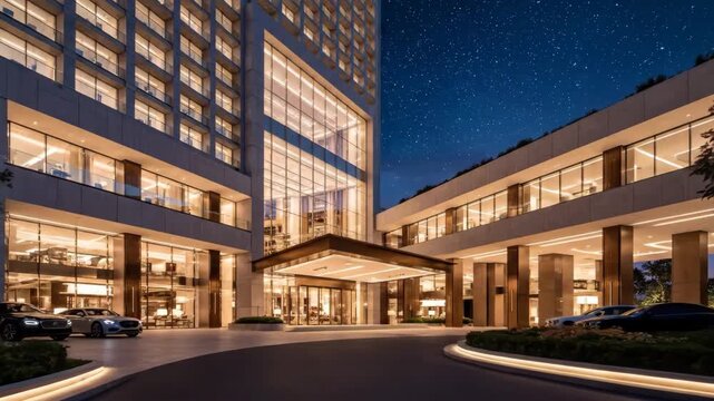 Modern Hotel Entrance at Dusk - A wide-angle shot of a modern hotel entrance at dusk. The video showcases sleek architecture and ambient lighting, emphasizing luxury and elegance.