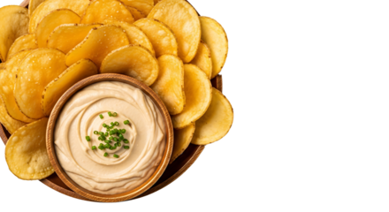 Golden potato chips with a creamy dip a snack - time favorite Perfect for sharing or enjoying alone A delicious combination
