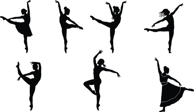 Ballet dancer silhouettes in various poses, graceful movement, classical dance, performance art, elegance, flexibility, choreography vector illustration design