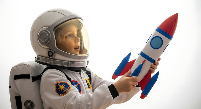 Children's day  child astronaut costume playing with toy rocket imagination space travel future career dreams exploration