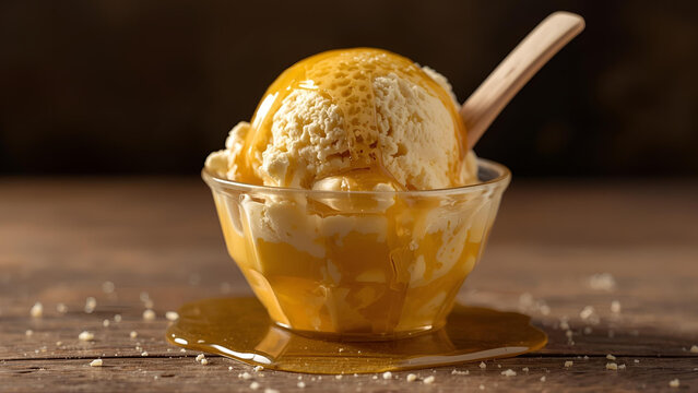 One scoop of honey ice cream in a bowl, ai
