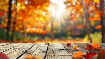 Wooden table with autumn leaves in a sunlit forest background
