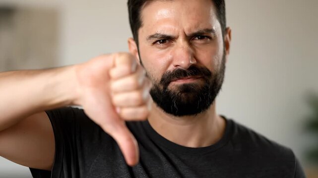 A man in a black shirt gives a thumbs down gesture while the man interacts with the camera. The room's neutral tones and the man's strong arm are noted in the scene.