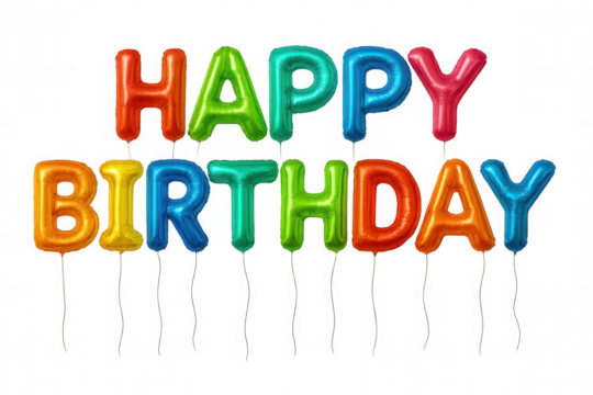 Colorful happy birthday text made from shiny foil balloons, celebrating special occasion on transparent background