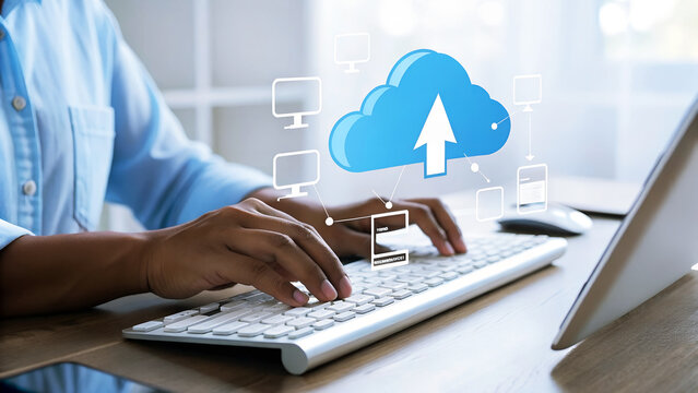 Businessman using computer for cloud computing technology transformation and data storage, business process and digital service concept - Powered by Adobe