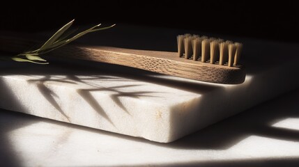 Bamboo toothbrush on white marble surface