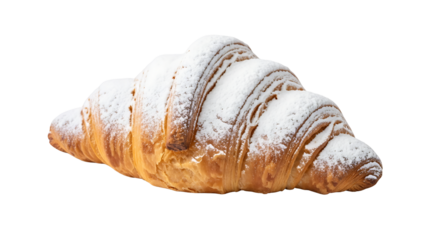 Golden - brown croissant covered in powdered sugar The perfect pastry for a breakfast or sweet treat to have during a day