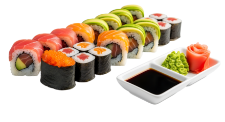 Assorted sushi platter featuring tuna salmon avocado and tobiko rolls served with soy sauce ginger and wasabi Japanese cuisine