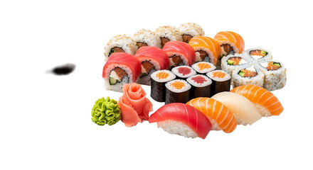 A vibrant assortment of sushi featuring rolls nigiri wasabi and pickled ginger beautifully arranged on a stark black background