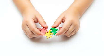 Children's day childs hands playing with colorful jigsaw puzzle pieces on white background for education concept