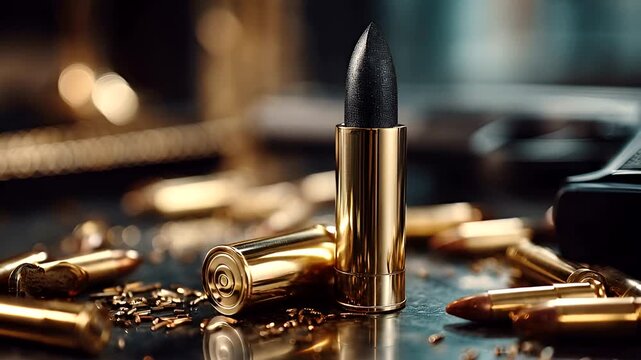Close-up of shiny golden bullet casings and one black-tipped round on a reflective surface