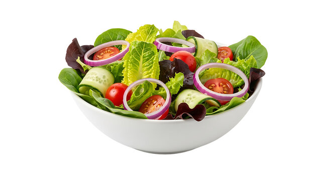 A colorful salad in a white bowl featuring a mix of fresh greens red tomatoes purple onion rings and green cucumber slices