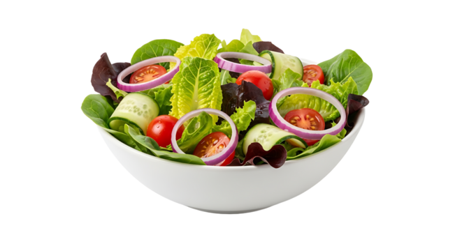 A colorful salad in a white bowl featuring a mix of fresh greens red tomatoes purple onion rings and green cucumber slices