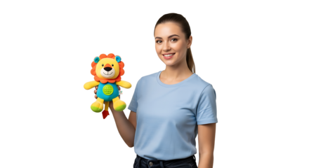 A smiling woman holds up a plush toy lion with a colorful mane and cheerful expression against a solid black background