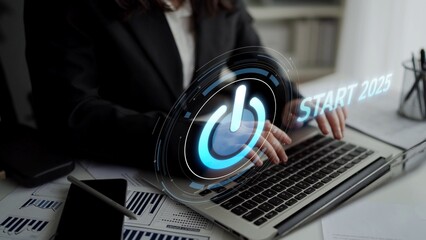 Start 2025 concept with futuristic power button symbolizing fresh beginnings, innovation, and digital transformation. Start 2025, new goals, and start 2025 initiative. Muxer