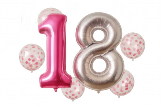 Eighteenth birthday party celebration with 18 foil balloons and confetti balloons, transparent background
