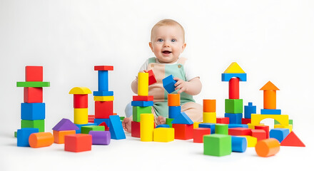 Children's day  baby playing with colorful wooden building blocks educational toys for kids early development and learning