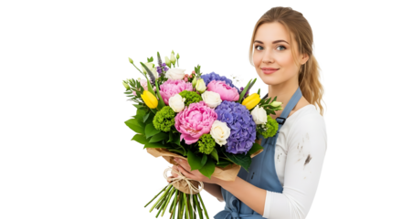A smiling woman in an apron holds a vibrant hand - tied bouquet of colorful flowers showcasing the beauty of floral arrangements