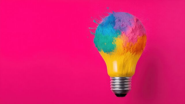 Burst Power Conceptual concept. Brightly colored light bulb bursting with vibrant paint on a pink background. - Powered by Adobe