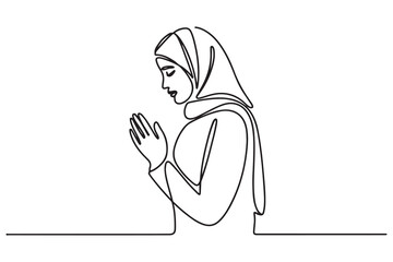 Continuous single line drawing of women Muslim prayer. One line drawing illustration of women praying for greeting card. one line Icon drawing with white background