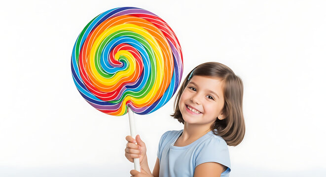Children's day  happy little girl holding giant rainbow lollipop candy sweet treat on white background studio shot portrait