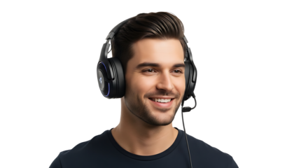 A smiling man with dark hair and a dark t - shirt is wearing wired black headphones with a microphone against a plain black background