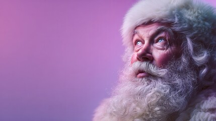 Santa Claus gently smiling, placed on lavender purple background