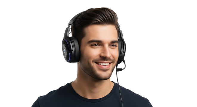 A smiling man with dark hair and a dark t - shirt is wearing wired black headphones with a microphone against a plain black background