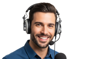 Friendly man with headset smiles brightly Perfect for podcasts customer service or audio production Professional and approachable vibe