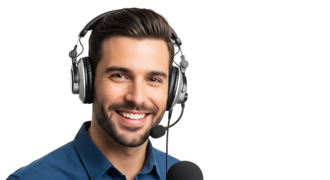 Friendly man with headset smiles brightly Perfect for podcasts customer service or audio production Professional and approachable vibe