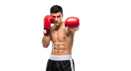 Muscular boxer in fighting stance delivering a powerful punch with bright red boxing gloves Training and fitness conceptual image