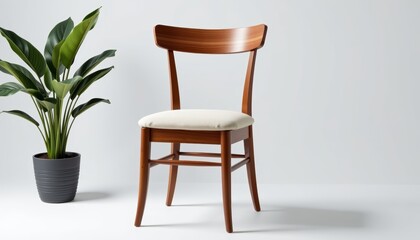 Fototapeta premium Elegant Isolated Dining Chair with Green Plant Minimalist Home Decor Indoor Setting Modern Aesthetic