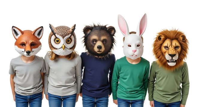 Children's day  animal masks kids costume party: fox owl bear rabbit lion group halloween dress up wild animal theme party