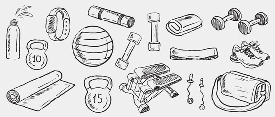 Hand drawn sport fitness gym equipment for training. Vector sketch illustration in vintage crayon charcoal style. Stepper, sport bag, dumbbell, elastic band, water bottle, kettlebell