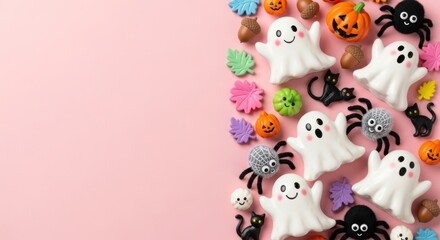 Obraz premium Playful halloween candy and decorations arranged on a pink background creating a festive and cheerful seasonal display for party invitations and spooky holiday celebrations