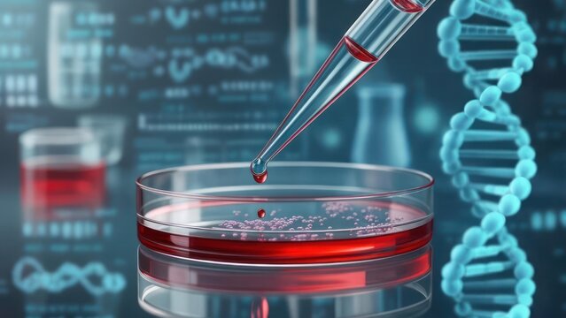 Blood sample in petri dish with pipette and DNA strand, scientific research.