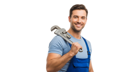 Confident plumber smiling holding adjustable wrench over his shoulder against a black backdrop Ready to fix plumbing issues