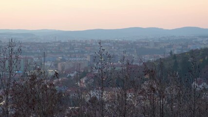 Brno, Czech Republic - March 29, 2025: View of the city from above at night. Evening city panorama. Špilberk Castle