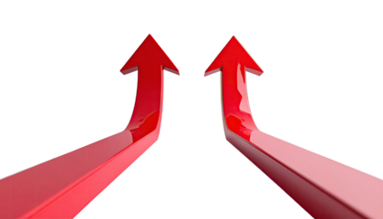 Two glossy red upward arrows against a black background