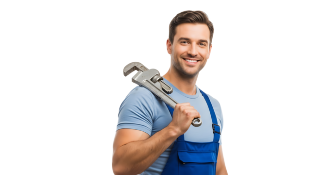 Confident plumber smiling holding adjustable wrench over his shoulder against a black backdrop Ready to fix plumbing issues