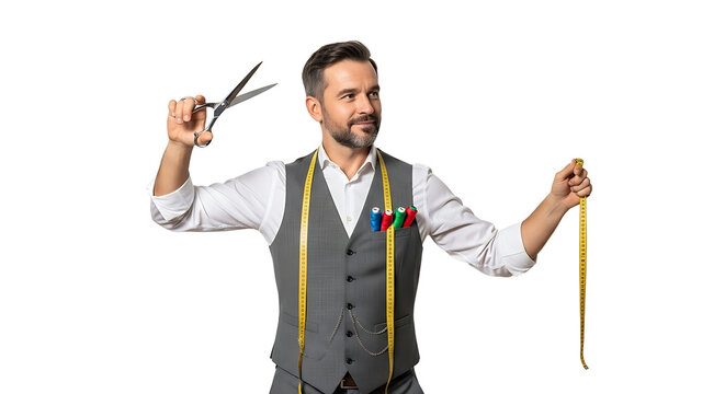 Dapper tailor holding scissors and measuring tape embodying precision and style in his craftsmanship Perfect for fashion or business