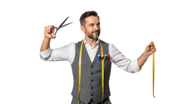 Dapper tailor holding scissors and measuring tape embodying precision and style in his craftsmanship Perfect for fashion or business