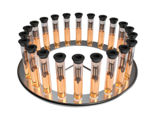Circular array of test tubes, filled with amber liquid.  Metal ring holds tubes